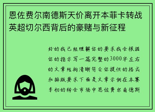 恩佐费尔南德斯天价离开本菲卡转战英超切尔西背后的豪赌与新征程